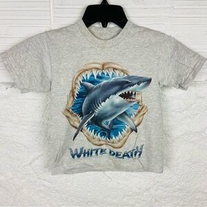 gray short sleeve shark & shark teeth white death padre island, Texas size 6/8